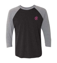 Load image into Gallery viewer, Shirt - 3/4 Sleeve Crewneck Raglan, Black/Heather Grey with Pink logo
