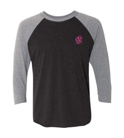 Shirt - 3/4 Sleeve Crewneck Raglan, Black/Heather Grey with Pink logo