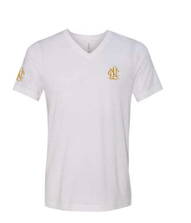 Shirt - Short Sleeve V-Neck, White with Gold logo